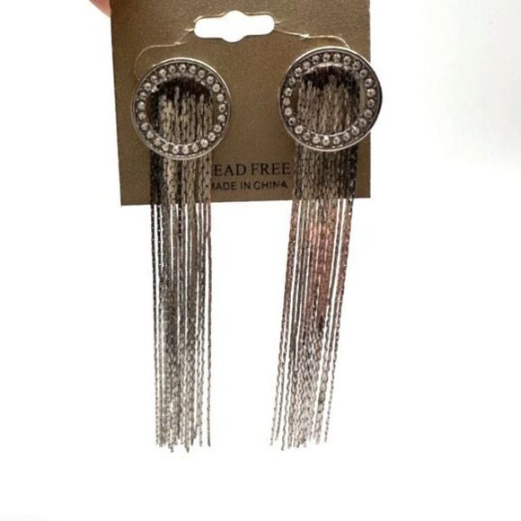NWT Natasha Silver Tone Fringe Dangle & Pave Rhinestone Earrings Cocktail - Picture 6 of 10
